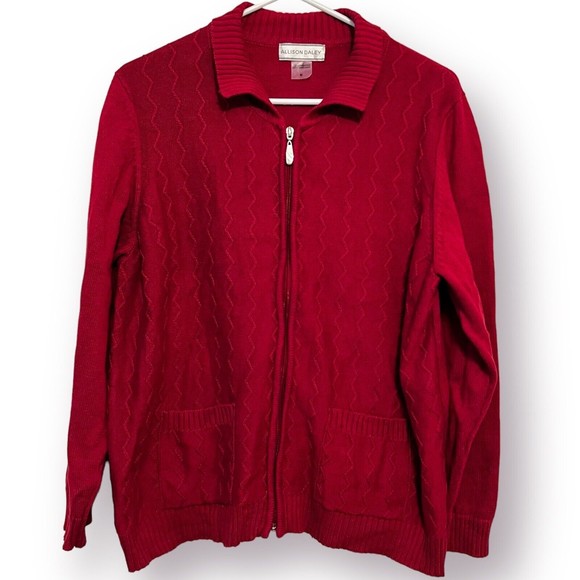 Allison Daley Sweaters - Allison Daley Cardigan Sweater Maroon Long Sleeve Textured Knit Full Zip Pockets